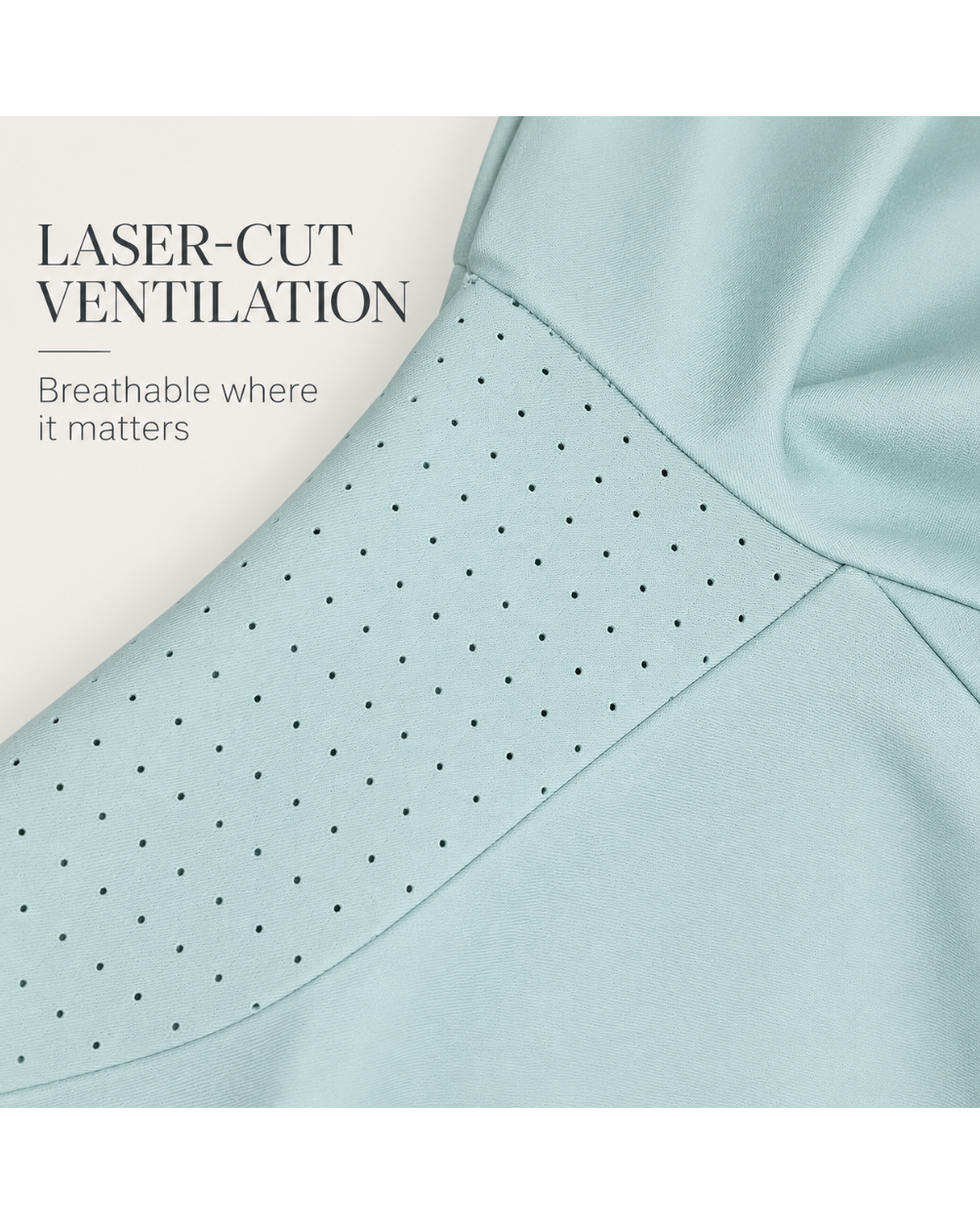 Close-up of a light mint green athletic fabric with laser-cut perforations and overlaid text reading 'LASER-CUT VENTILATION' and 'Breathable where it matters'.