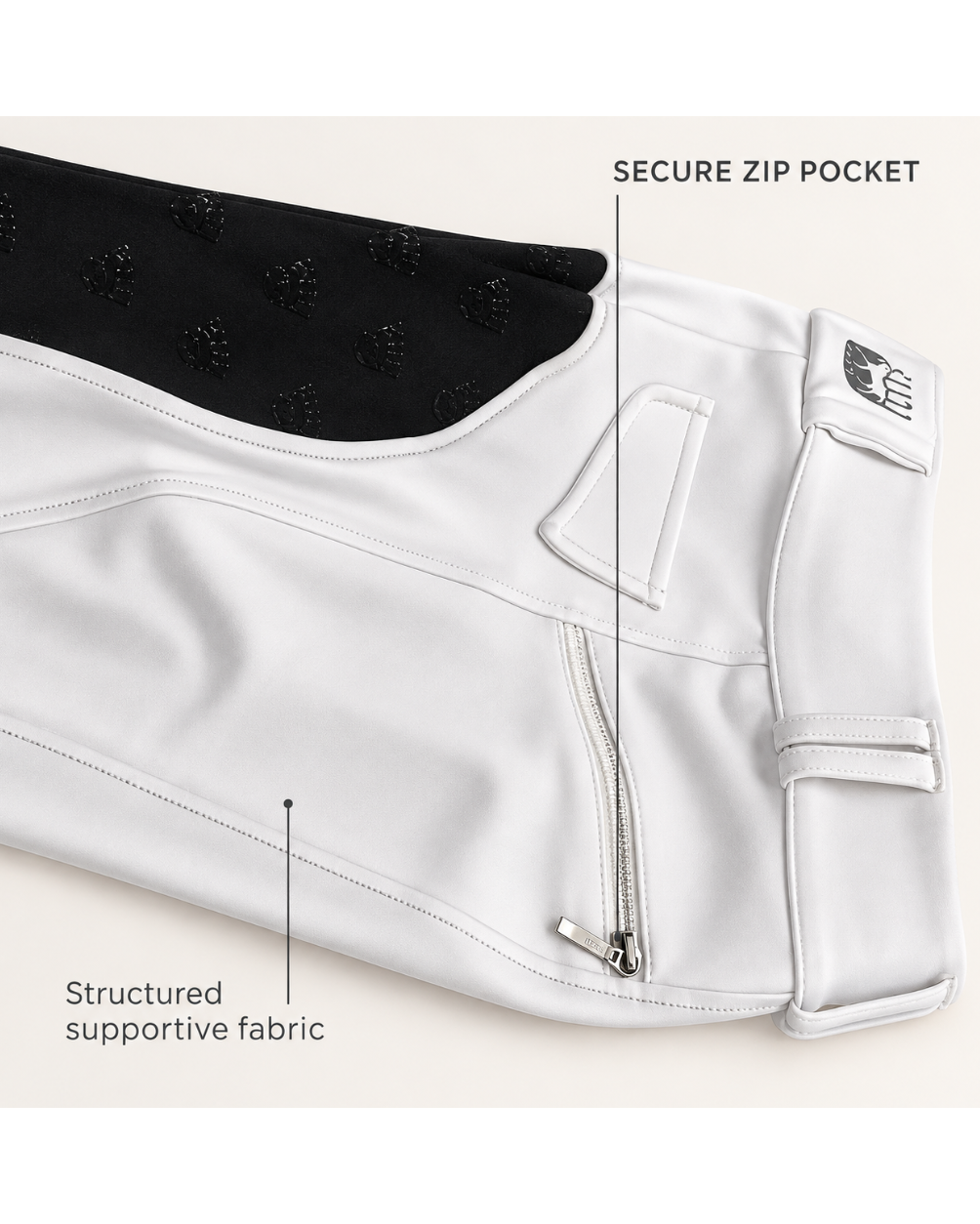 Close-up of white structured support fabric with a black textured inner panel and a zip pocket, annotated with text labels 'STRUCTURED SUPPORTIVE FABRIC' and 'SECURE ZIP POCKET'.