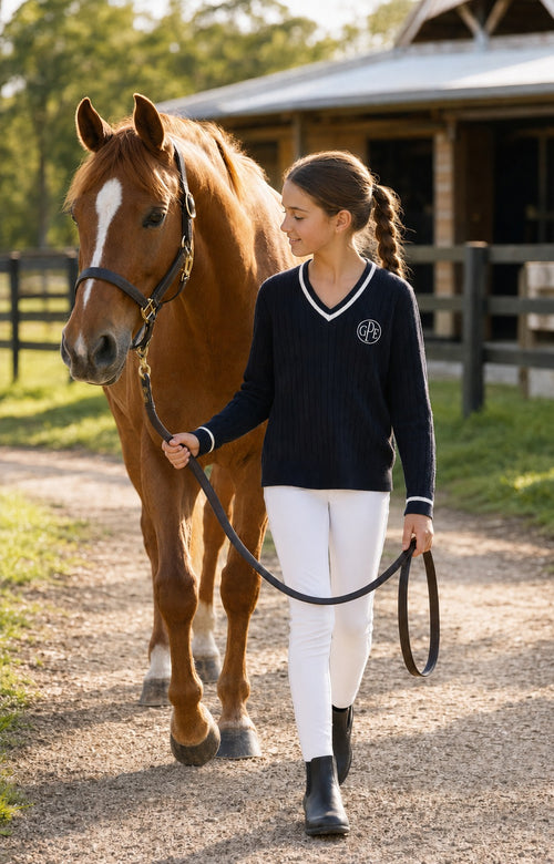 A young girl in equestrian attire, wearing a navy blue sweater with a white V-neck and white trim, white breeches, and black riding boots, walks alongside a brown horse on a dirt path in front of a stable.